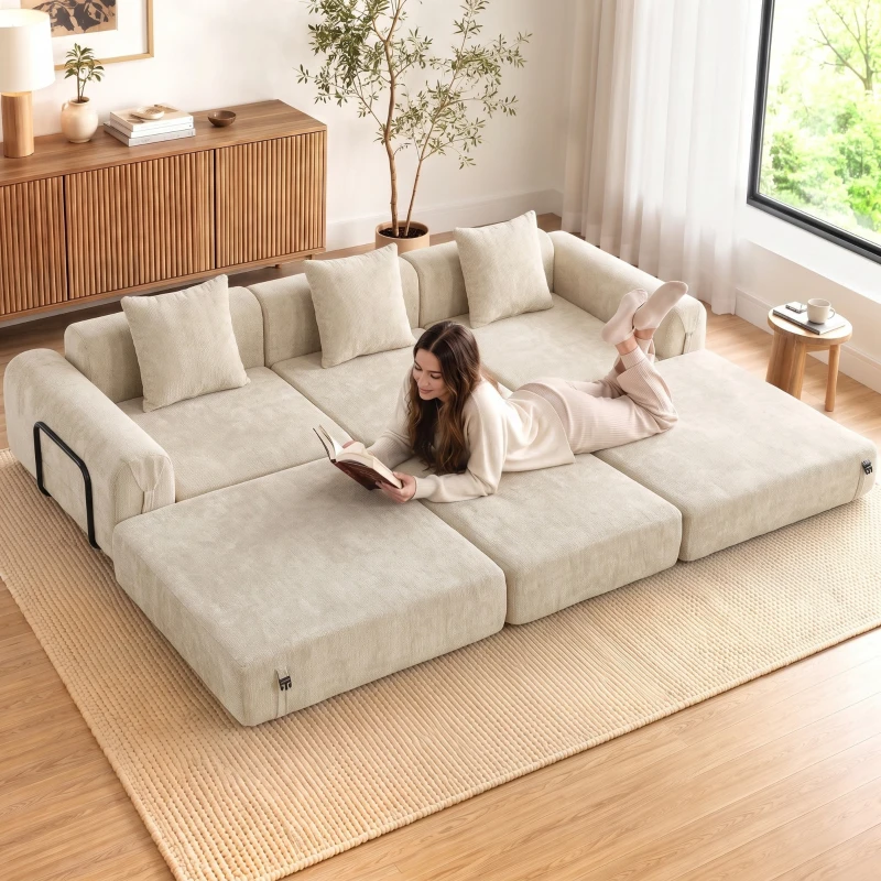 HOMCOM Canapé-Lit Pliable 245 cm, Canapé Compressé 3 Places Modulaire en Chenille avec Assise large, 3 Coussins, Beige