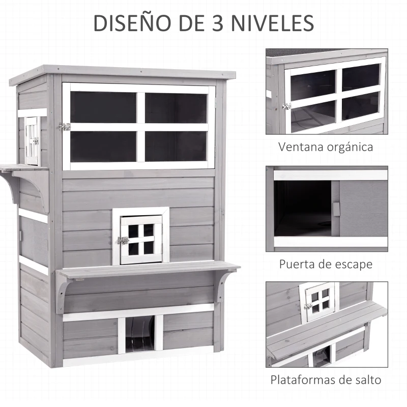 PawHut Caseta para Gatos de Madera Exterior Casa Grande para Gatos de 3 Pisos con Múltiples Entradas Ventanas y 2 Plataformas para Terraza Balcón Jardín 93,5x67x117 cm Gris