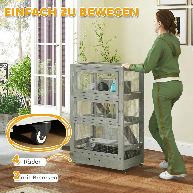 PawHut 4-laags houten hamsterkooi, met huisjes, wip, voederbakken, rampen, wielen, 65 x 45 x 109 cm, grijs(m-8)