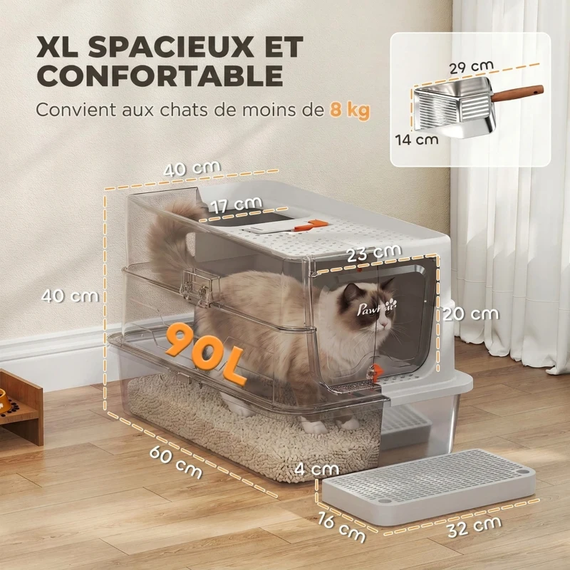 PawHut Caixa de Areia para Gato Casa de Higiene em Aço Inox Borda 40 cm Antivazamento Tampa Anti-odor 60x40x40 cm Cinza Claro