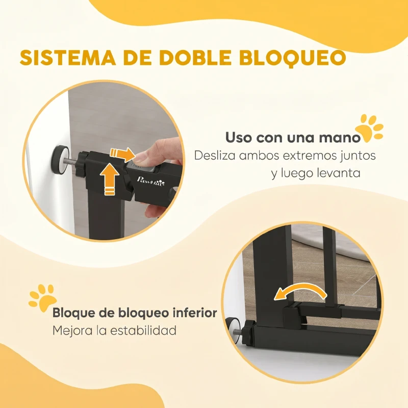 PawHut Barrera de Seguridad para Perros con Puerta Pequeña para Escaleras y Puertas 75-131 cm con 3 Extensiones Negro