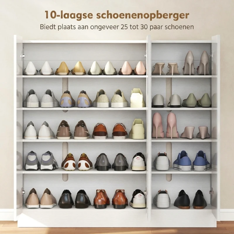 HOMCOM Schoenenkast met 10 planken voor 25-30 paar schoenen, soft-close deuren, wit