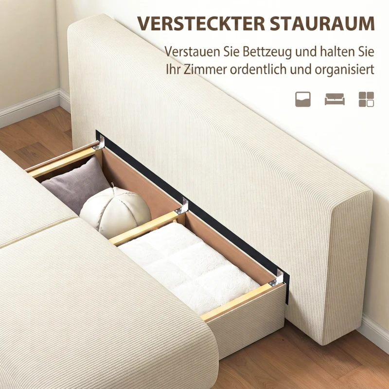 HOMCOM Slaapbank met verstelbare rugleuning, bedfunctie, verborgen opbergruimte en cord bekleding, beige