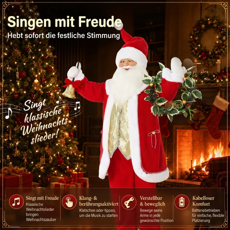 HOMCOM Singender Weihnachtsmann, 150 cm, stehende animierte Weihnachtsfigur mit Glocke und Kranz, per Sound/Berührung aktiviert