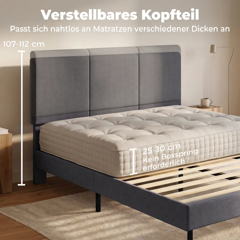 HOMCOM Bettgestell 140 x 200 cm mit verstellbarem Kopfteil, gepolstertes Bett in Leinenoptik mit 12 Latten