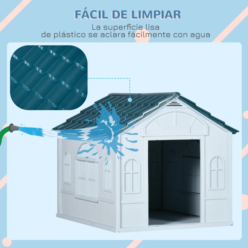 PawHut Casa para Perros con Imitación de Ventana y Tejas para Perros Medianos 65x75,7x63 cm Azul Verdoso y Blanco
