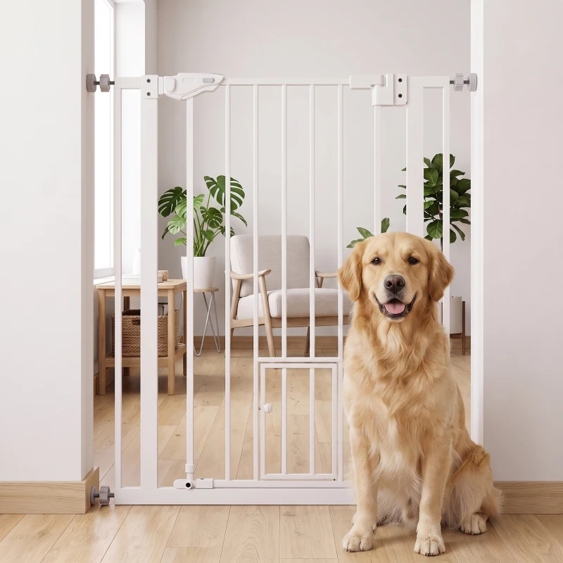 PawHut Extra Tall Pet Gate, Indoor Dog Safety Gate, with Cat Flap, Auto Close, 74-80cm Wide - White