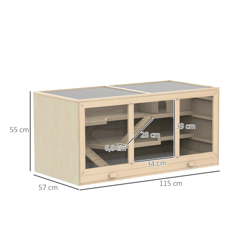 PawHut Jaula para Hámster de Madera Casa para roedores Pequeños con Bandeja Extraíble 2 Plataformas y Rampas 115x57x55 cm Madera Natural