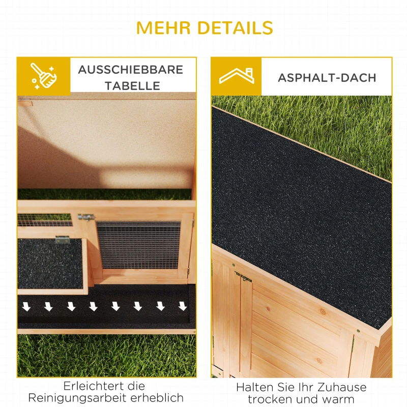 PawHut Hasenstall Winterfest Kaninchenstall aus Holz 112x50x54 cm Kaninchenkäfig mit Bitumendach, 2 Türen, Metallgitter, Hasenkäfig für Kaninchen, Meerschweinchen Outdoor Natur+Schwarz