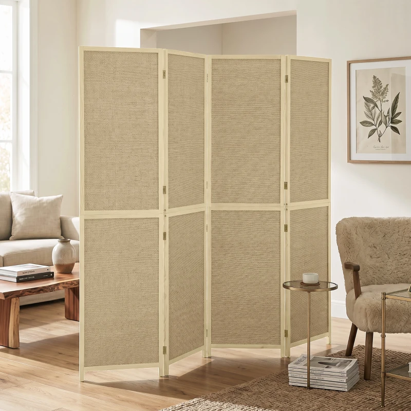 HOMCOM Paravan interior din bambus 4 panouri 180x180cm, separator de cameră pliabil și portabil, stil boem, lemn natural