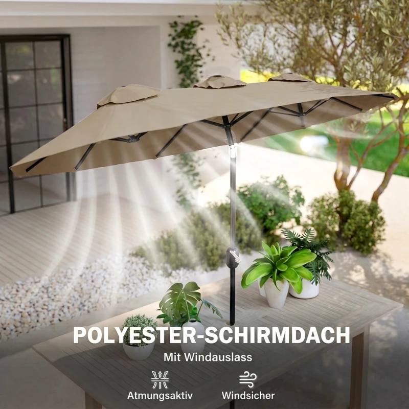 Outsunny parasol, tuinparasol, kantelbaar, met handslinger, windkap, polyester+staal, kaki, 285 x 147 cm