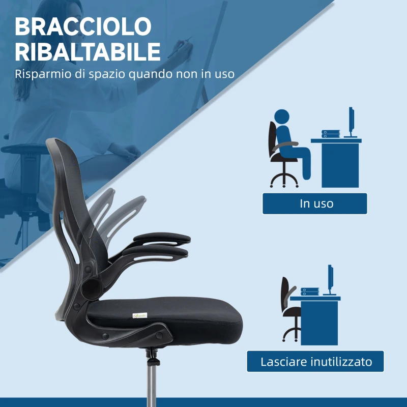 Vinsetto Sedia da Ufficio con Supporto Lombare, Altezza Regolabile e Braccioli Ribaltabili, 59x65x102-122 cm, Nero