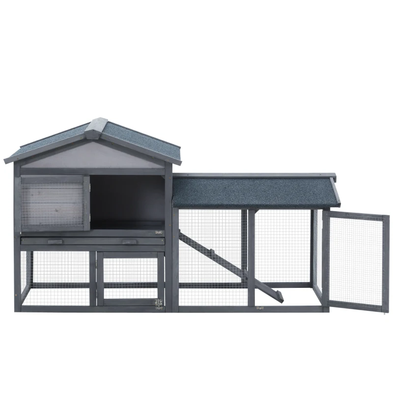 PawHut Conejera de Madera de Exterior Jaula para Conejos con Bandeja Extraíble y Rampa Antideslizante 147x54x84 cm Gris