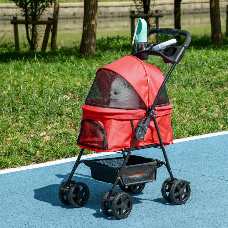 PawHut Carrito para Perros Pequeños con Ruedas Universales Cesta de Almacenaje Correas de Seguridad y Ventanas 67x45x96 cm Rojo