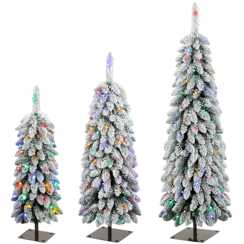 HOMCOM Artificial Christmas Tree Set of 3, Snowy Pre-Lit Christmas Tree with PVC Branch Tips, 90/120/150 cm, Green White