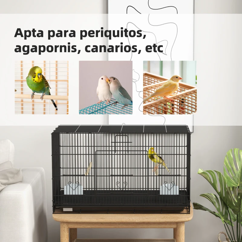 PawHut Jaula para Pájaros 77x46x45 cm Jaula Metálica para Aves con Bandeja Extraíble 2 Perchas 2 Comederos 2 Perchas Negro