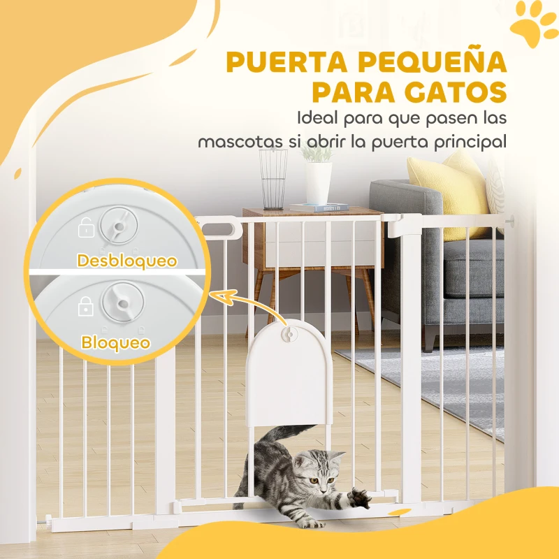 PawHut Barrera de Seguridad para Perros con Puerta Pequeña para Escaleras y Puertas 75-131 cm con 3 Extensiones Blanco