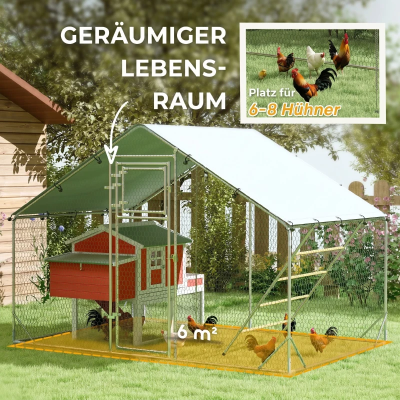 PawHut Hühnerstall, Freilaufgehege für Hühner, mit UV-beständiger Plane, Stahlgitter, Futterautomat, für 6-8 Hühner(m-4)