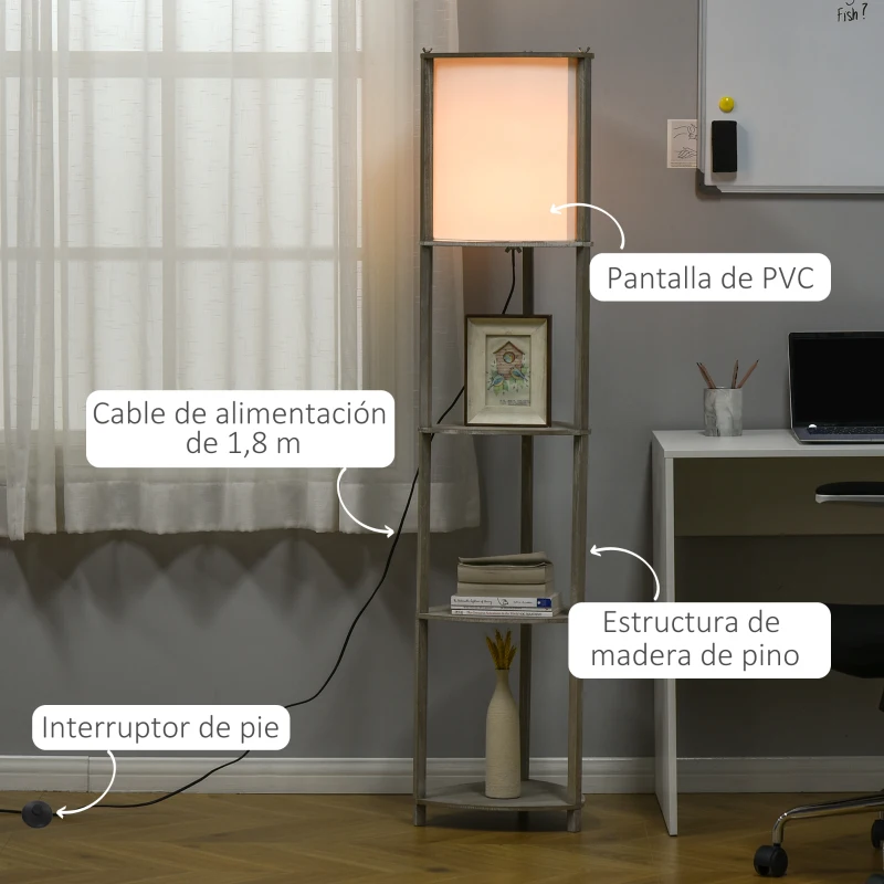 HOMCOM Lámpara de Pie de Madera con 3 Estantes Pantalla PVC Interruptor de Pie Estilo Moderno para Dormitorio Sala de Estar Salón Estudio 32x32x150 cm Roble Gris y Blanco