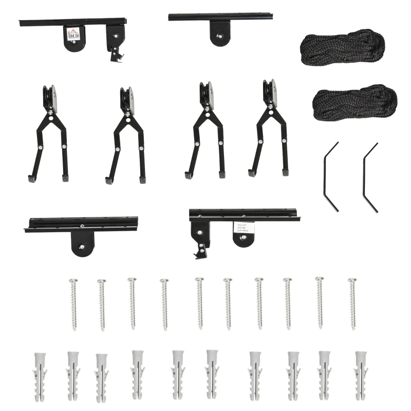 HOMCOM 2 Pares de Elevador para Bicicletas en el Techo Mediante Poleas Cuerdas Ganchos con Altura Ajustable Soporte para Bici al Techo Carga 20 kg Acero Negro