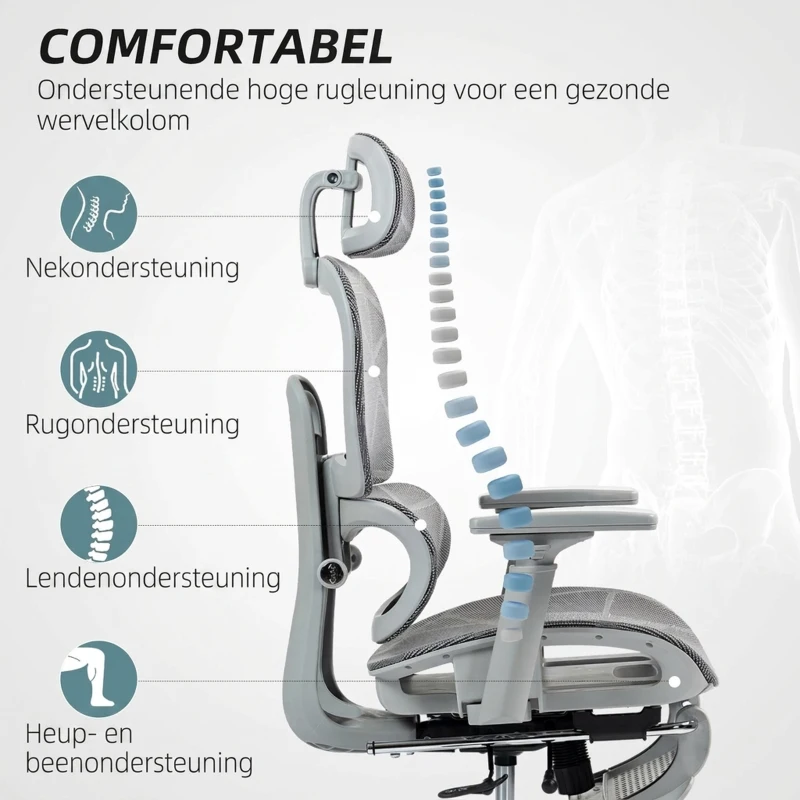 HOMCOM Bureaustoel, ergonomische bureaustoel met mesh-bekleding, verstelbaar, verrijdbaar, met armleuningen, hoofdsteun, grijs(m-4)