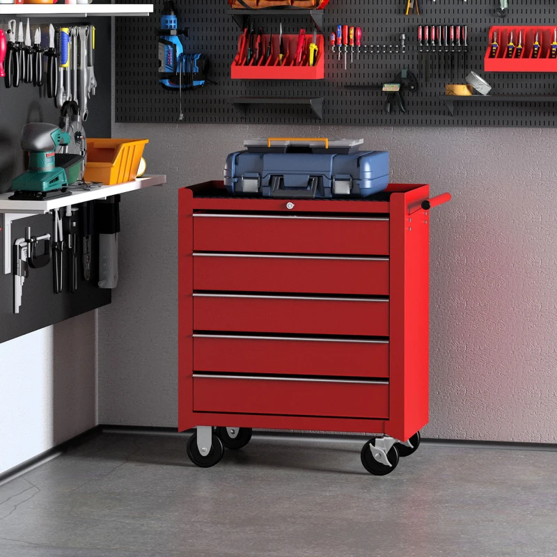 HOMCOM Carro caja de herramientas taller movil con 5 cajones 4 ruedas chapa de Acero Rojo