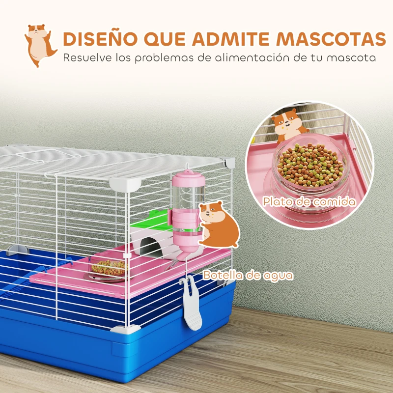 PawHut Jaula para Hámster Casa para Roedores con Rueda de Ejercicio Cuenco Bebedero Casita Rampas para Jerbos 47x30x27 cm Azul