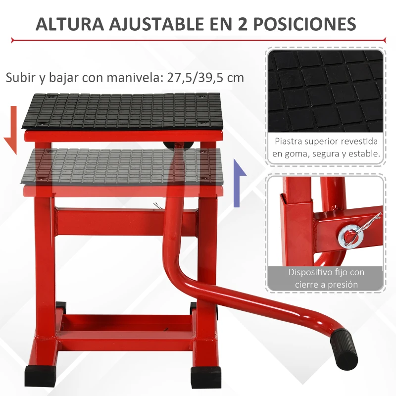 DURHAND Elevador para Motocicletas con Manivela Altura Ajustable de 27,5/39,5 cm Base Antideslizante Carga 150kg Rojo y Negro
