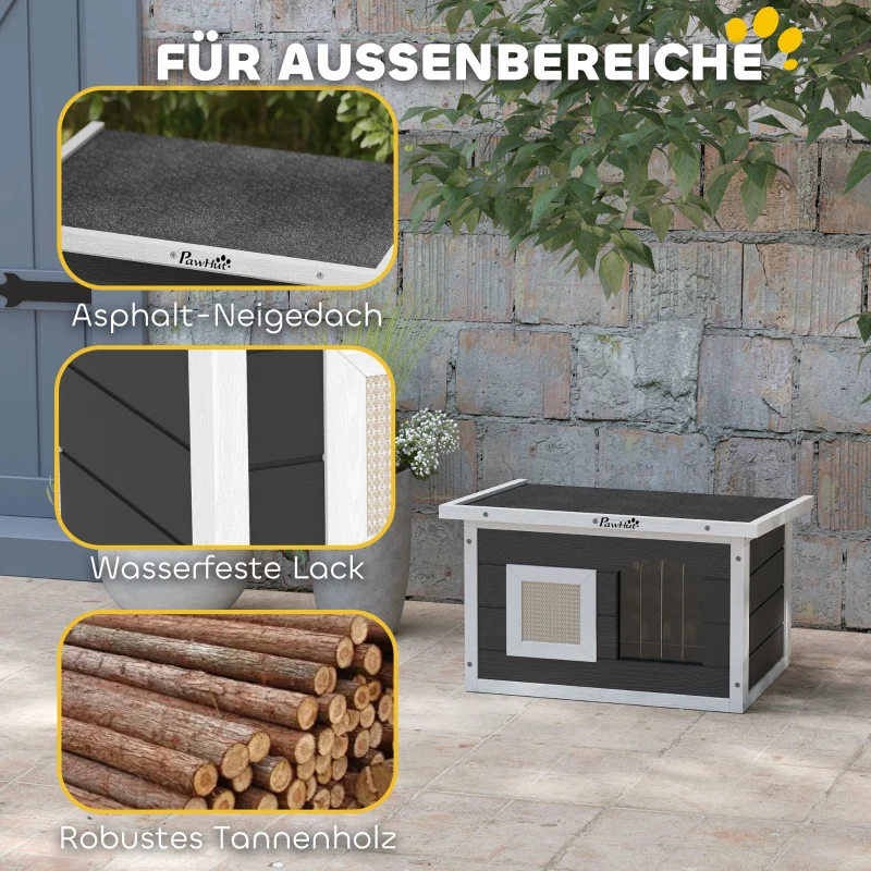 PawHut houten kattenhuis waterdicht met opklapbaar bitumendak, uitneembare krabmat, verhoogde bodem, kattenhol, kattenbox voor buiten in de tuin, 61x45x36,5 cm, grijs