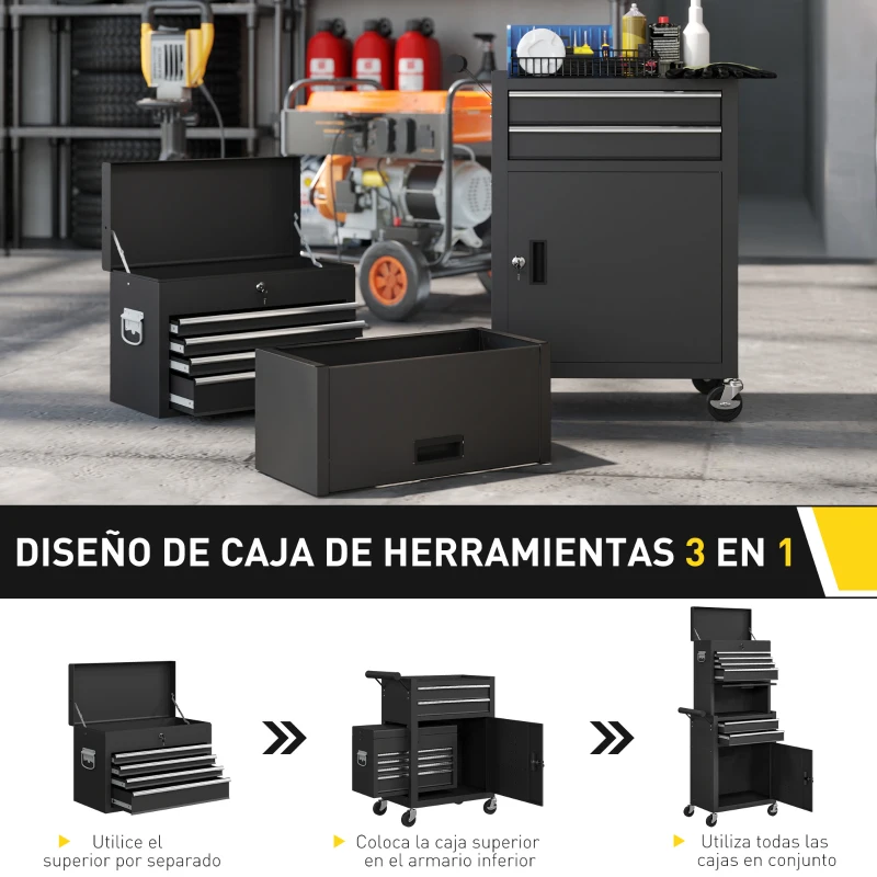 HOMCOM Carro de Herramientas con 6 Cajones y Cerraduras Caja de Herramientas de Acero con Ruedas para Taller Garaje Negro
