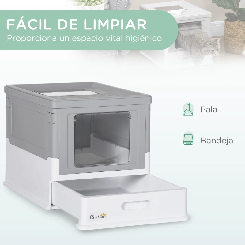 PawHut Arenero Cubierto para Gatos Desmontable con Entrada Frontal y Salida Superior con Pala 47,5x35,5x36,7 cm Gris y Blanco