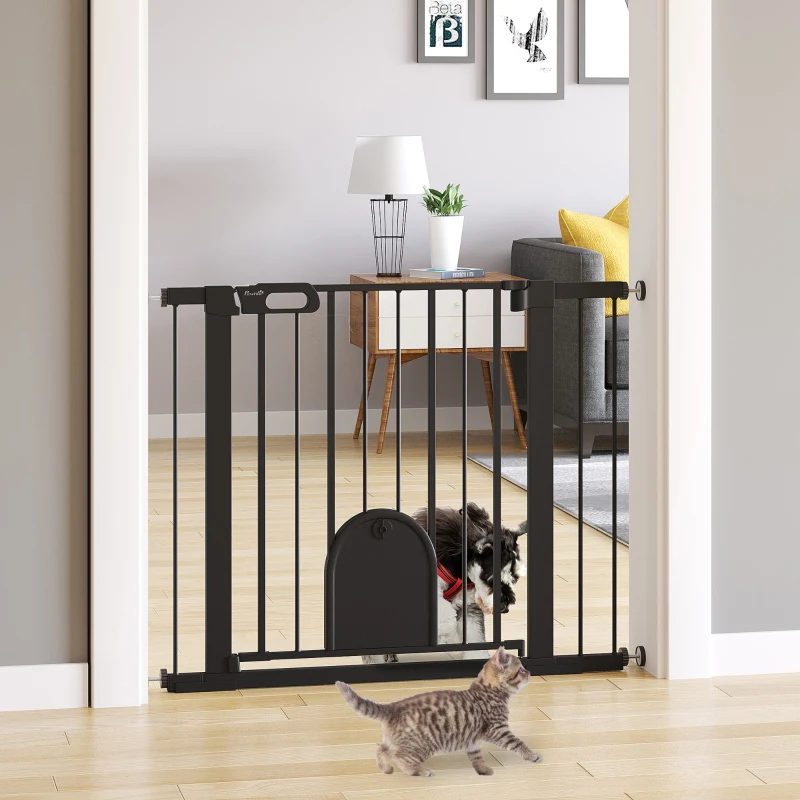 PawHut Barrera de Seguridad para Perros Extensible 75-103 cm, para Puertas y Escaleras, Barrera para Perros con Puerta Pequeña, 2 Extensiones, Montaje a Presión y Doble Bloqueo, Negro