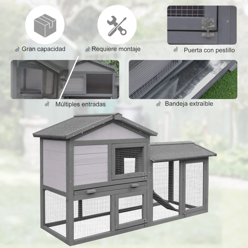 PawHut Conejera de Madera de Exterior Jaula para Conejos con Bandeja Extraíble y Rampa Antideslizante 147x54x84 cm Gris