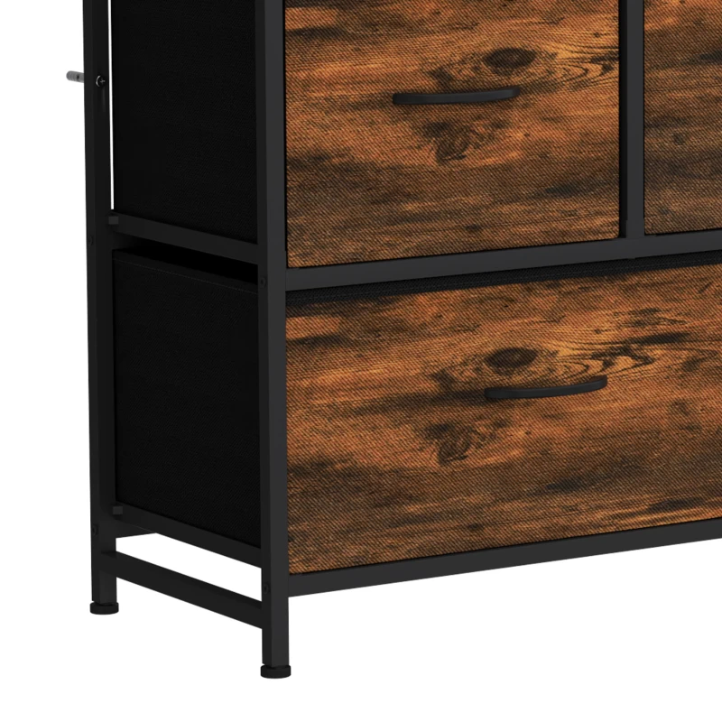 HOMCOM Commode, meuble de rangement avec 5 tiroirs en tissu pliables, plateau et cadre en acier, 98 x 29 x 63 cm, brun rustique