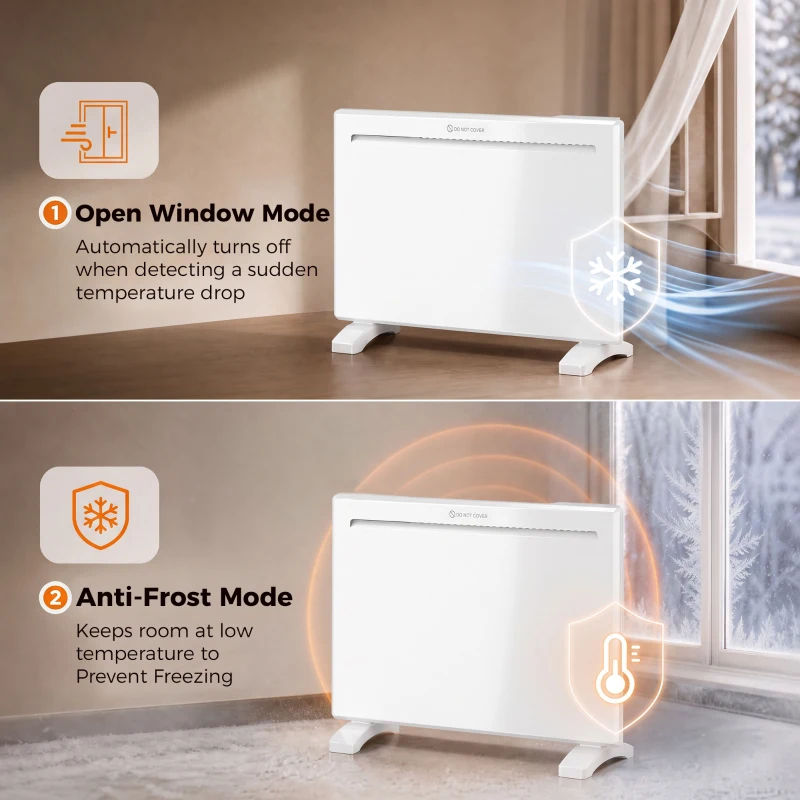 HOMCOM Smart Panel Heater Wall Mounted/Freestanding, Electric Heater with Weekly Timer, Open Window & Anti-Frost, 1000W, White