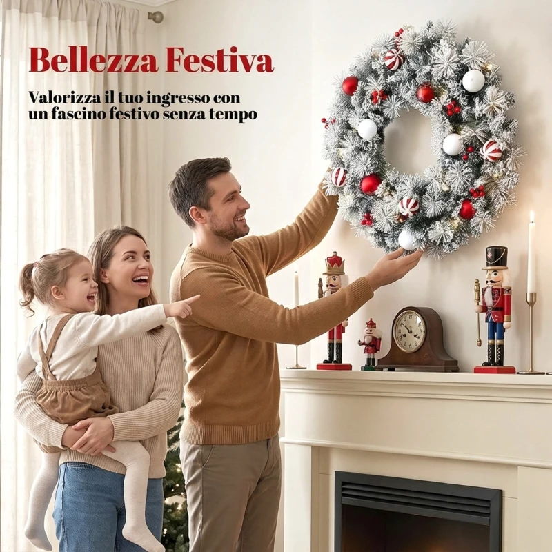 HOMCOM Ghirlanda Natalizia Innevata da 60 cm con Luci LED 8 Modalità, 140 Rami, 8 Bacche e 15 Palline Decorative, Verde