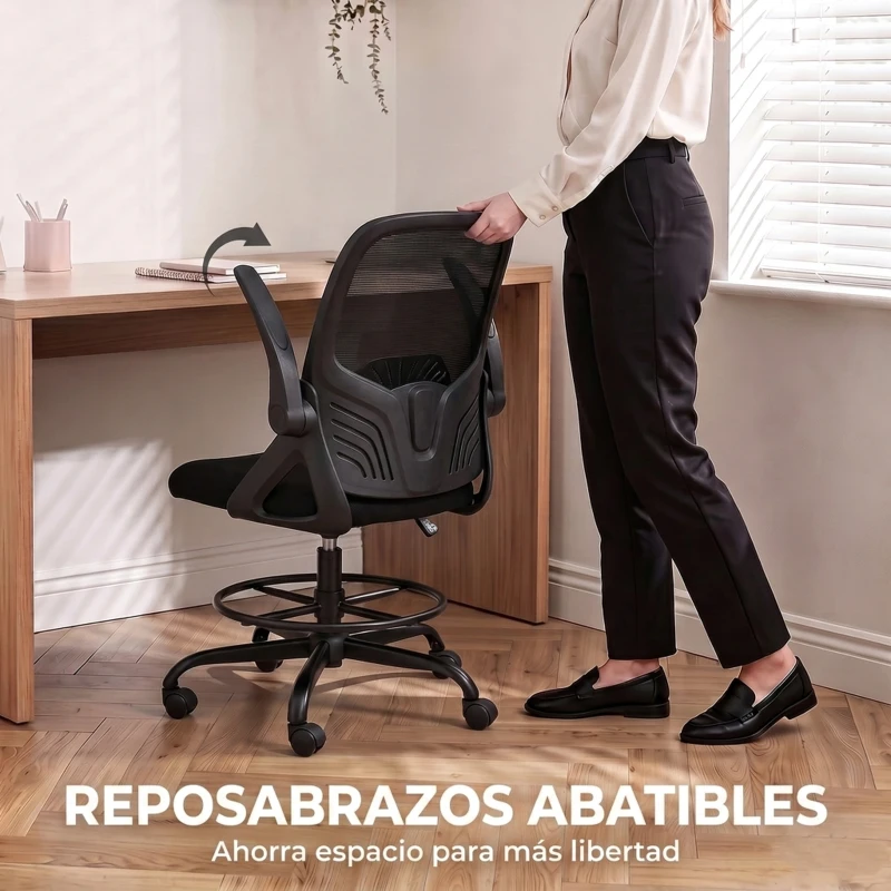HOMCOM Silla de Dibujo con Reposapiés Soporte Lumbar Ajustable y Reposabrazos Abatibles, Negro