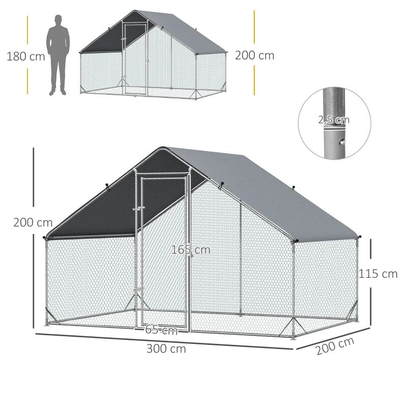 PawHut Kippenhok, Buitenren, Pluimveestal met Zonnescherm, Buitenverblijf voor 4-6 Kippen, Eenden Konijnen, 3 x 2 x 2 m