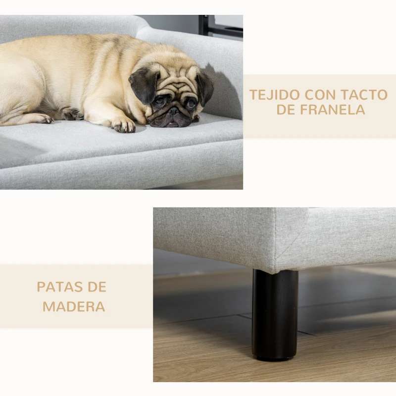 PawHut Sofá para Perros Medianos con Patas de Madera Cama para Mascotas Carga 20 kg 82x54x36 cm Gris