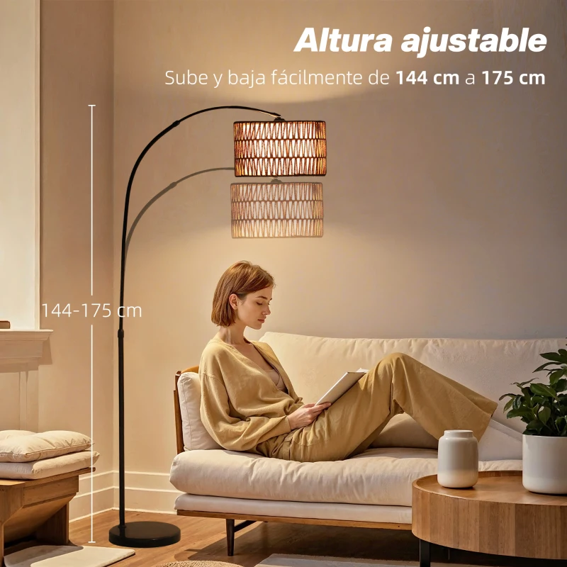 HOMCOM Lámpara de Pie Estilo Linterna con Pantalla de Fibra de Yute y Base de Mármol 93x34x144-175 cm Marrón y Negro
