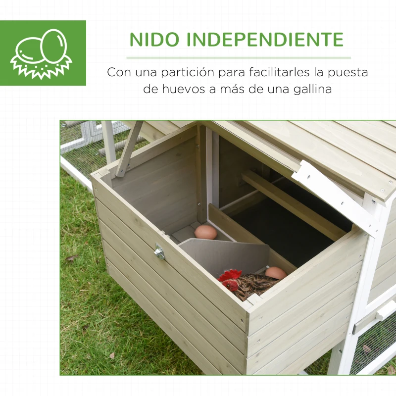 PawHut Gallinero Exterior de Madera de Abeto Jaula para Gallinas Pollos con Zona Abierta Ponedero Barras Bandeja Extraíble y Rampa 167,5x109x100 cm Color Natural y Blanco
