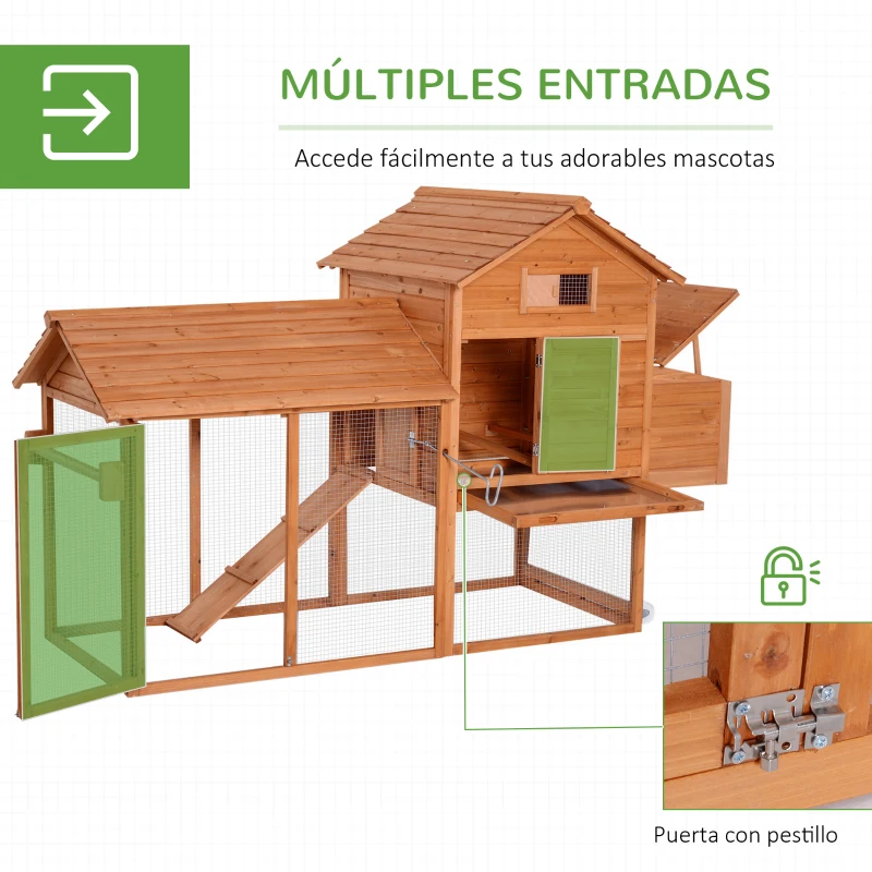 PawHut Gallinero Exterior con Ruedas 210x90x130 cm Jaula para Gallinas de Madera con Corral de Metal Techo Abatible Natural