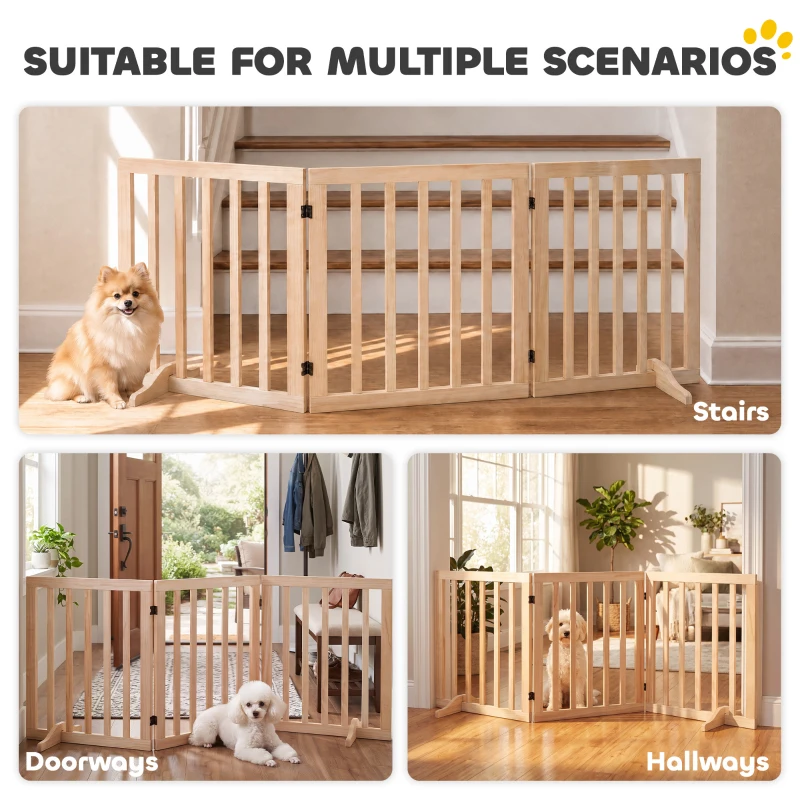 PawHut Barrière de Sécurité pour Chien Barrière Chien Sans Perçage Pliable et Autoportante 3 Panneaux 150 x 36 x 61 cm Naturel