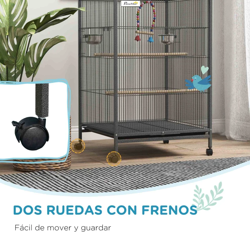 PawHut Jaula para Pájaros con Ruedas con Comederos Perchas Columpio Estante y Bandeja Extraíble 48x46x78 cm Gris
