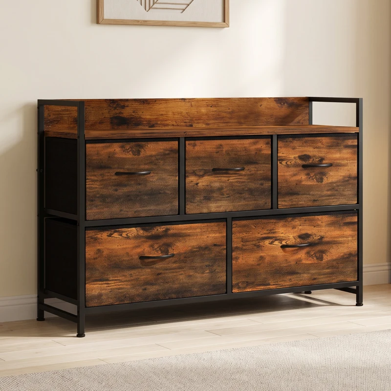 HOMCOM Commode, meuble de rangement avec 5 tiroirs en tissu pliables, plateau et cadre en acier, 98 x 29 x 63 cm, brun rustique