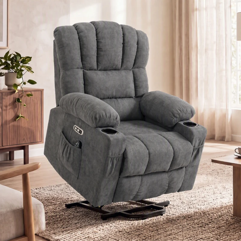 HOMCOM Fotoliu electric cu funcție de ridicare, masaj și încălzire, fotoliu relax pentru seniori, cu arcuri pocket, Gri
