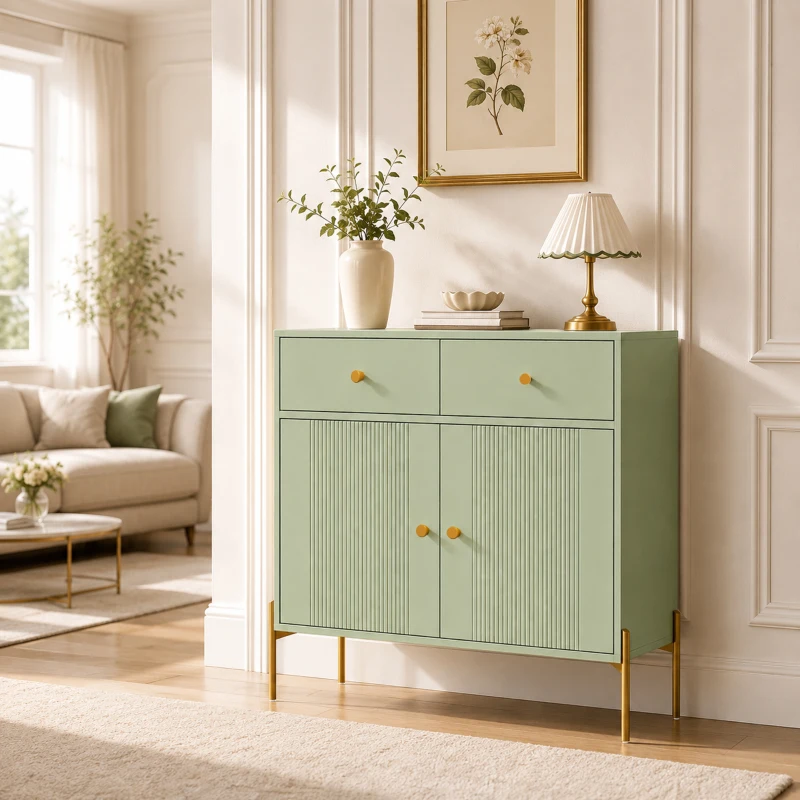 HOMCOM Modern Sideboard, Sideboard Storage Cabinet with 2 Drawers and Adjustable Shelf for Living Room, Light Green
