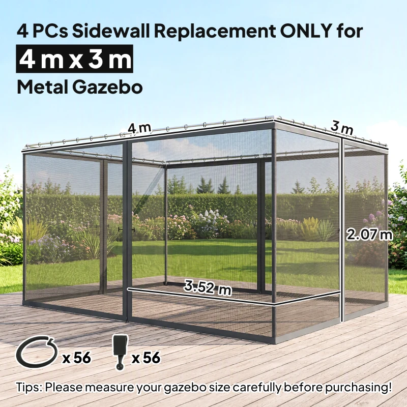 Outsunny 352 x 207cm Universal Replacement Mesh Sidewall Netting for Patio Gazebos and Canopy Tents, (Sidewall Only) Dark Grey