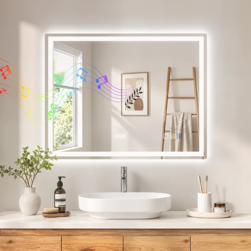 HOMCOM Miroir salle de bain LED bluetooth 90 x 70 cm interrupteur tactile lumière réglable 3 couleurs anti-buée mémoire argent