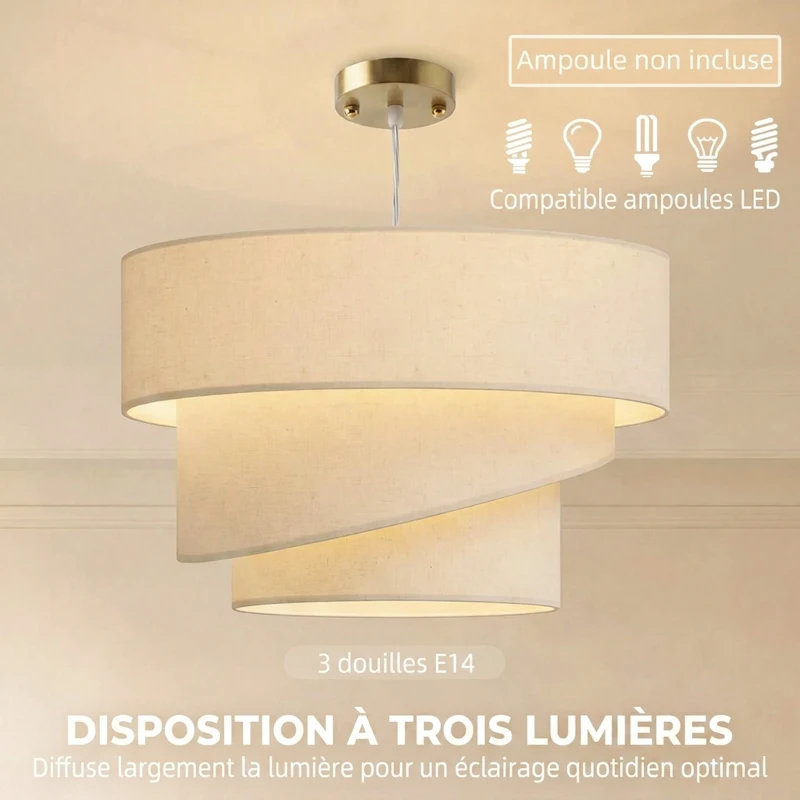 HOMCOM Suspension Luminaire à 3 Abat-Jour Effet Lin, Ampoule Non Incluse E14 40 W, Câble Réglable, Rosace Dorée, Beige